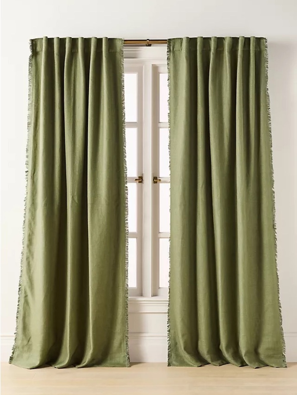 New Anthropologie luxe linen blend blackout curtains Holly green fringe 96 x 50